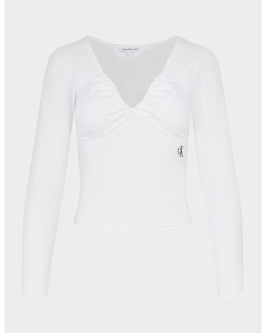 Calvin Klein Denim Ruched Top in White | Lyst