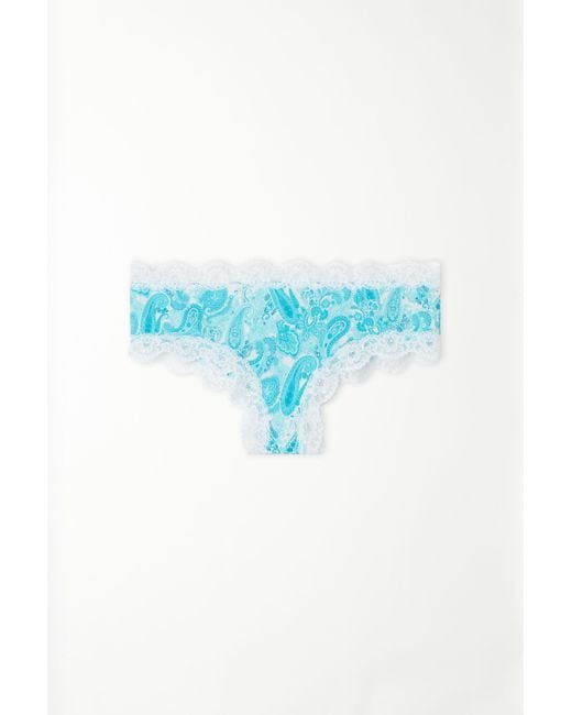 Culotte Brasiliana Microfibra Stampata e Pizzo di Tezenis in Blu