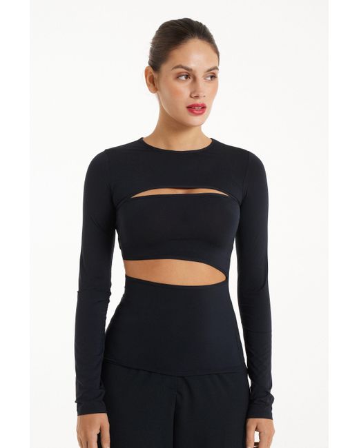 Maglia Manica Lunga con Cut-Out in Microfibra di Tezenis in Black