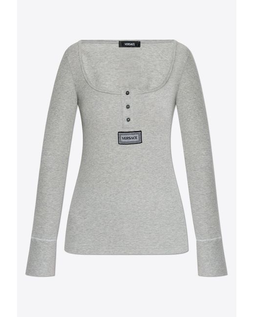 Versace Gray Logo Tag Long-Sleeved Ribbed Top