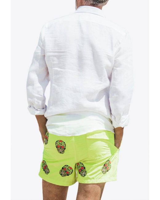 Les Canebiers White Mexican Head Embroidery Swim Shorts for men