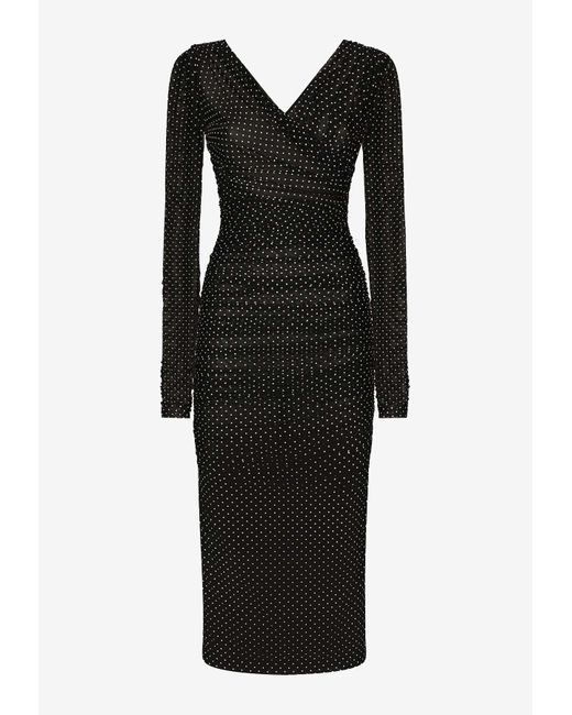 Dolce & Gabbana Black Polka Dot Print Draped Tulle Midi Dress