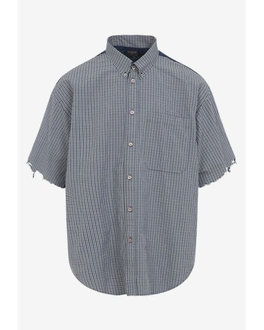 Balenciaga Gray Short-Sleeved Checked Distressed Shirt for men