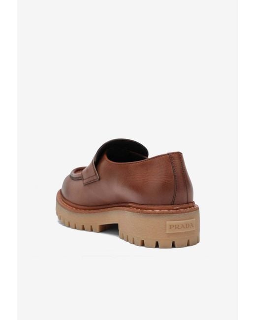 Prada Brown Triangle Logo Leather Loafers for men