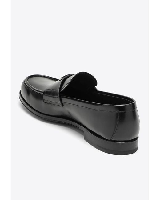 Prada Black Brushed Leather Logo Loafers for men