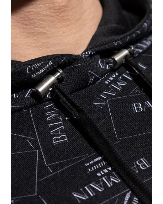 Balmain Black All-Over Label Print Hooded Sweatshirt for men