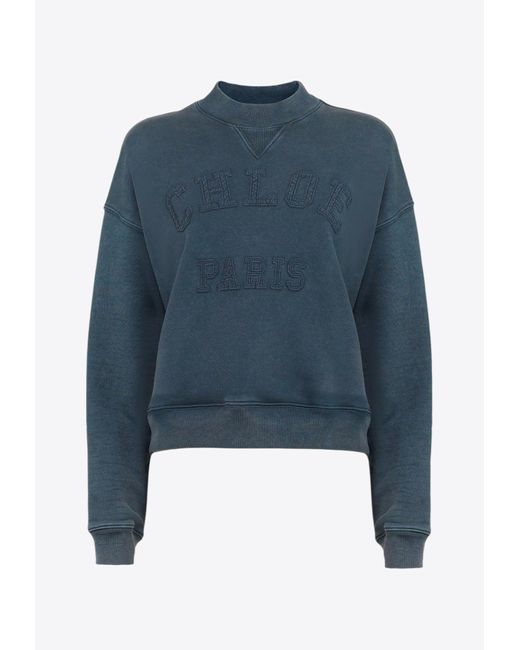 Chloé Blue Textured Logo Cotton Fleece Sweatshirt