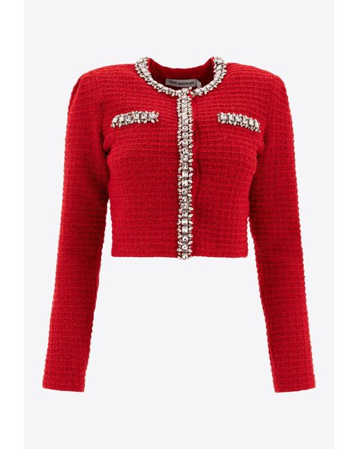 Self-Portrait Red Waffle Knit Crystal Embellished Cardigan