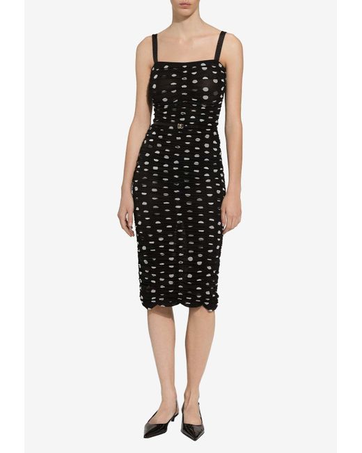 Dolce & Gabbana Black Polka Dot Print Draped Tulle Midi Dress