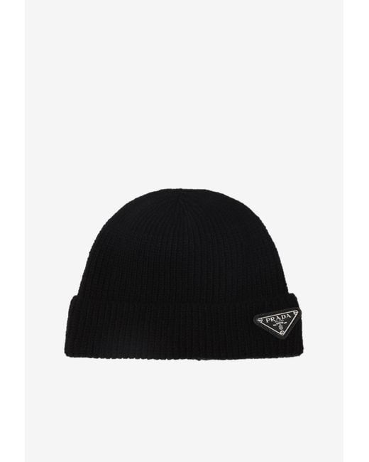 Prada Black Triangle Logo Cashmere Beanie for men