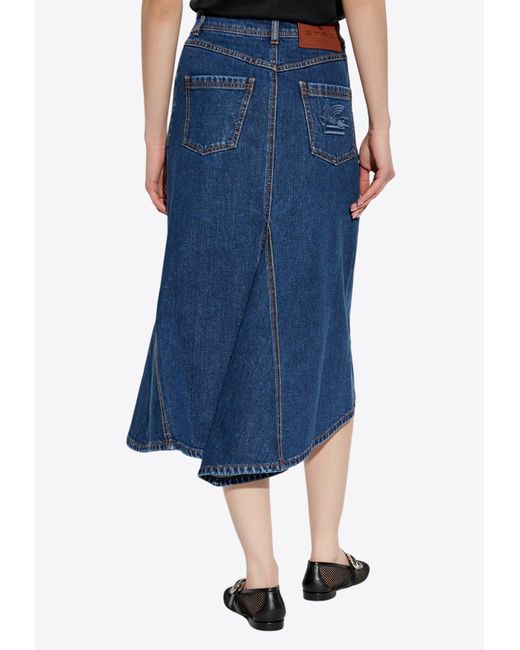Etro Blue Pegaso Asymmetric Denim Midi Skirt