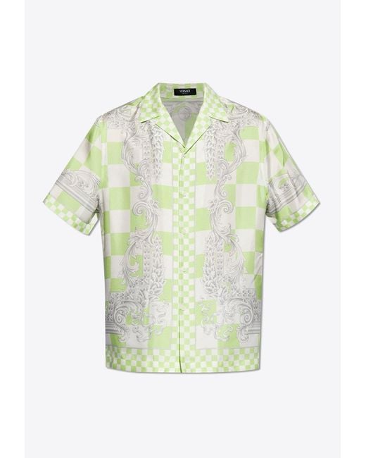 Versace Green Contrasto Silk Bowling Shirt for men