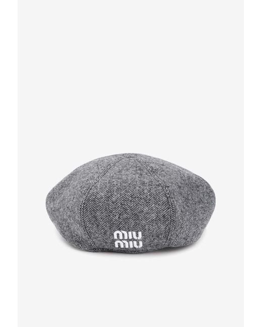 MIU MIU ウールxカシミア ハット　グレー Miu Miu Logo Wool Hat in Gray | Lyst