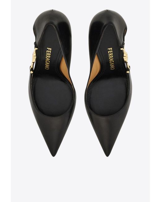 Ferragamo White Tulip 95 F Buckle Leather Pumps