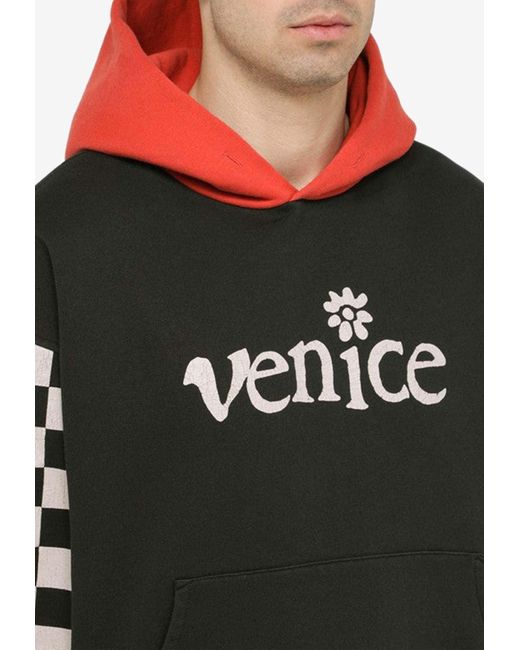 ERL Black Venice Print Paneled Hooded Sweatshirt for men