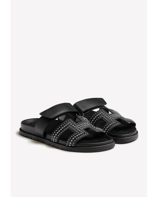 Hermès Black Chypre Stud-embellished Sandals In Calfskin