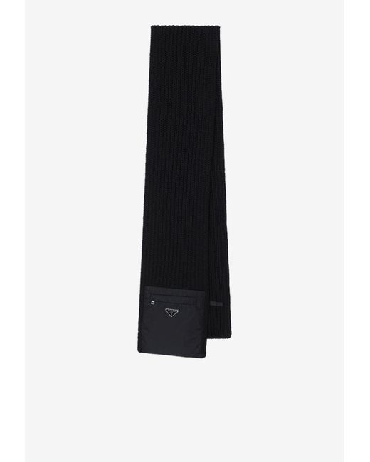 Prada Black Logo Wool Scarf With Pocket for men