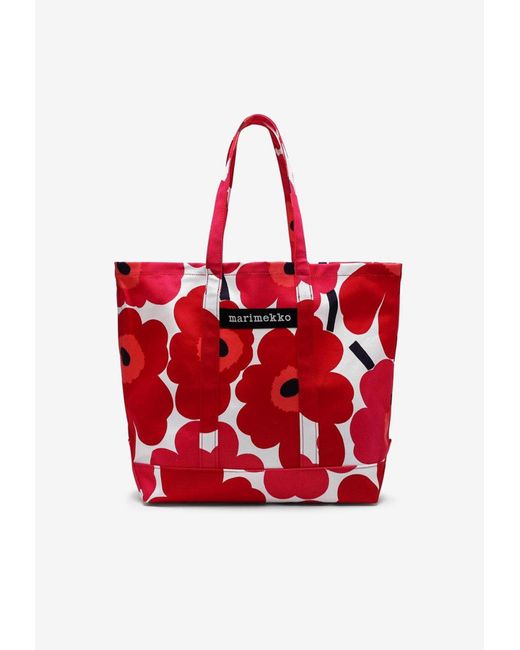 Marimekko Medium Floral-print Tote Bag in Red | Lyst UK