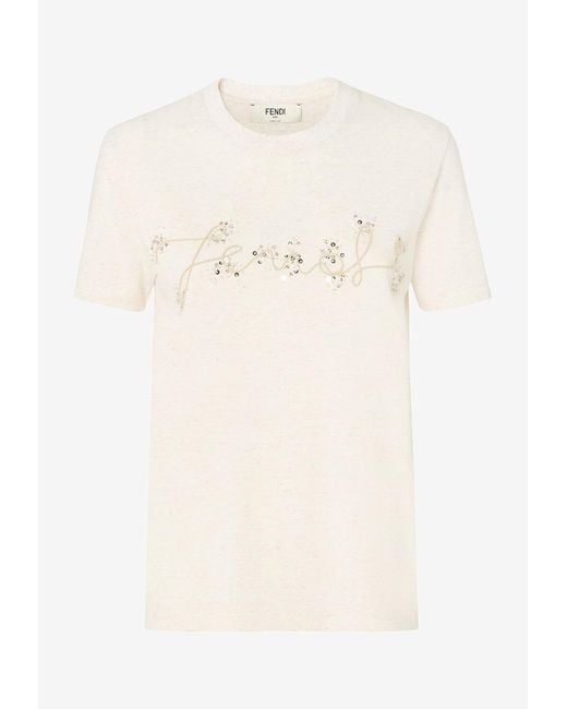 Fendi Women's Natural Embellished Logo T-Shirt