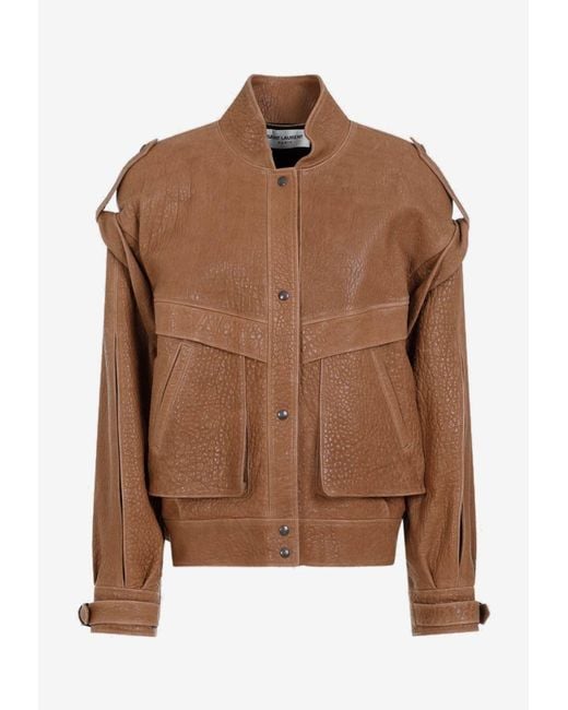 Saint Laurent Brown Leather Bomber Jacket