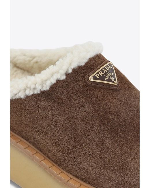Prada Brown Triangle Logo Suede Flatform Mules