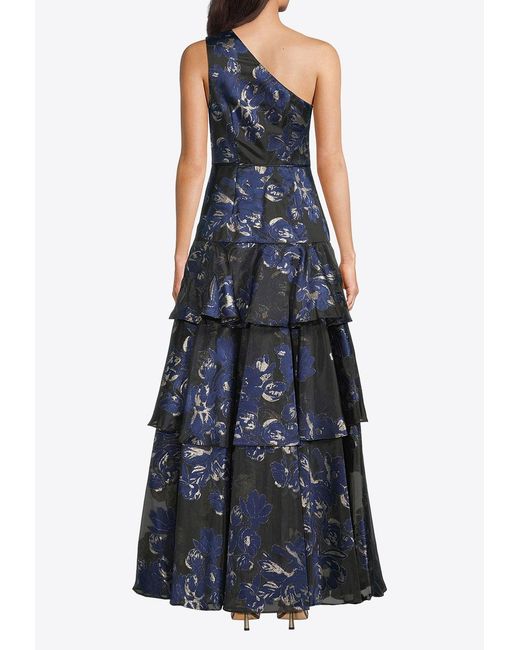 Aidan Mattox Blue Jacquard Ruffled Dress