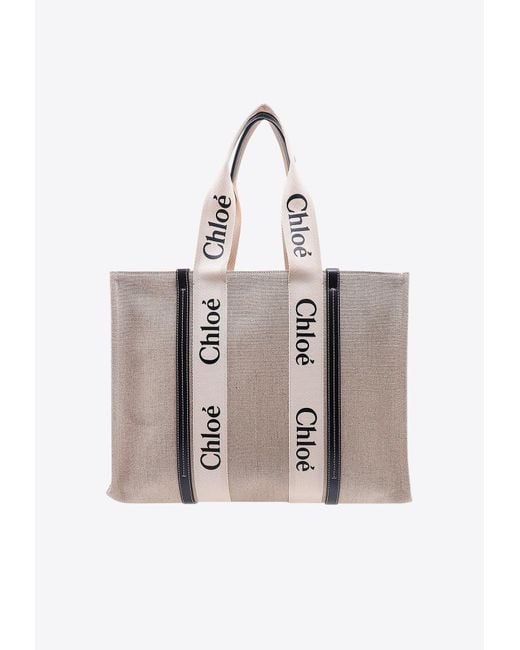 Chloé Natural Large Woody Linen And Leather Tote Bag