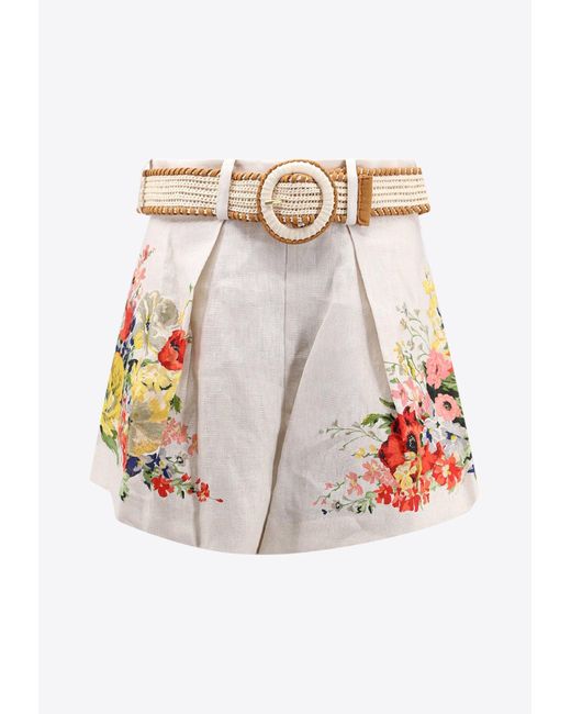 Zimmermann White Alight Tuck Floral Mini Shorts