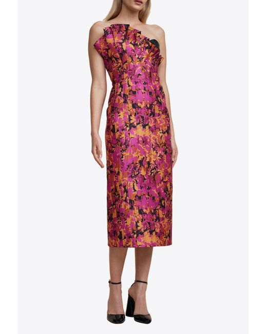 Acler Red Davies Off-Shoulder Floral Print Midi Dress
