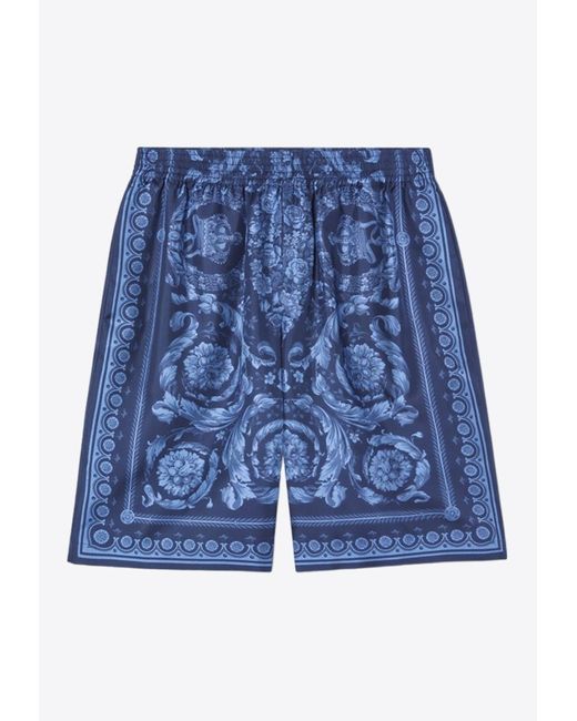 Versace Blue Barocco Print Silk Shorts for men