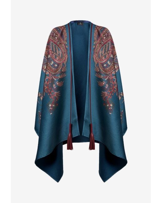 Etro Blue Paisley Jacquard Twill Cape