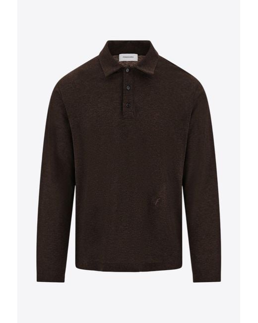 Ferragamo Brown Logo Embroidered Long-Sleeved Polo T-Shirt for men