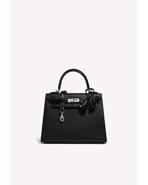 Hermès Kelly 25 Touch Sellier In Black Veau Madame And Croco Strap With Palladium Hawrdware