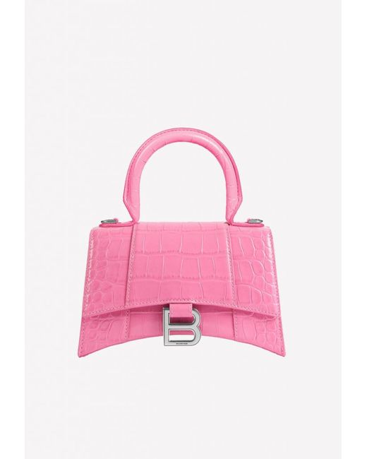 Balenciaga Pink Xs Hourglass Top Handle Bag In Crocodile Embossed Calfskin