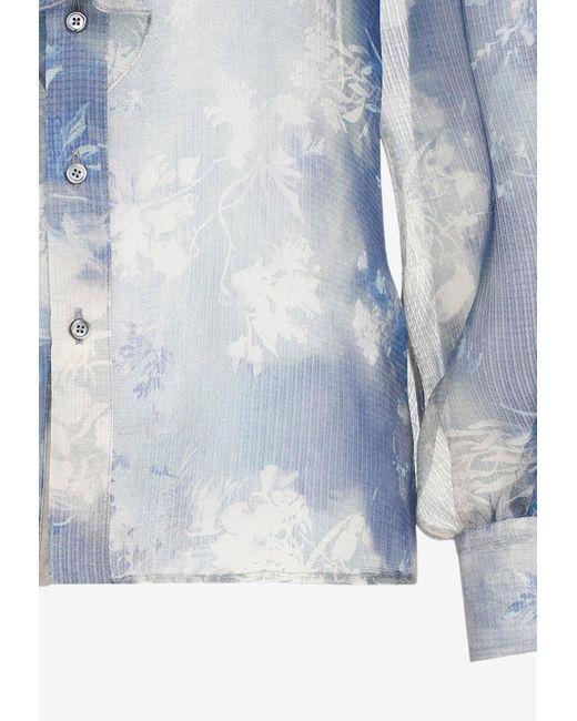 Ralph Lauren Blue Dylon Floral Print Silk Shirt
