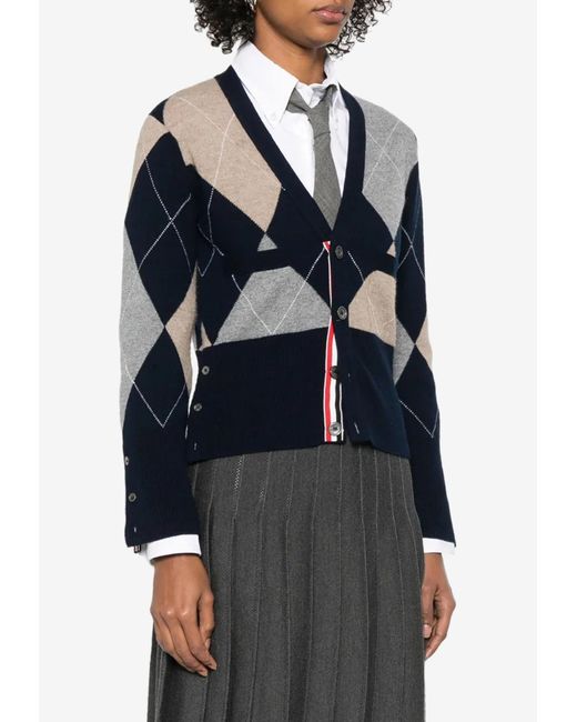 Thom Browne Blue Argyle Intarsia Knit Cashmere Cardigan