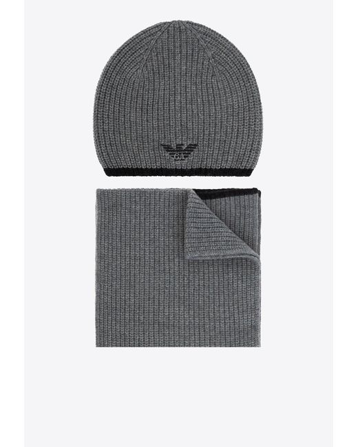 Emporio Armani Gray Knitted Beanie And Scarf Set for men