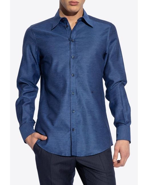 Dolce & Gabbana Blue Logo Embroidered Button-Up Shirt for men