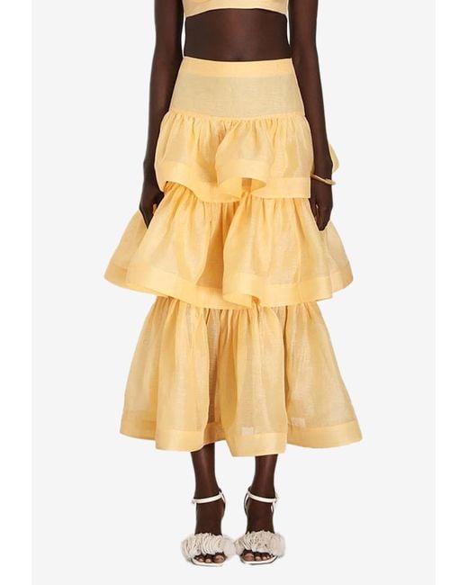 Zimmermann Yellow Coaster Tiered Skirt In Linen And Silk