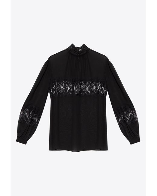Dolce & Gabbana Lace-detailed Turtleneck Silk Blouse in Black | Lyst