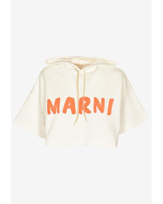 Marni White Logo Print Cropped Hoodie