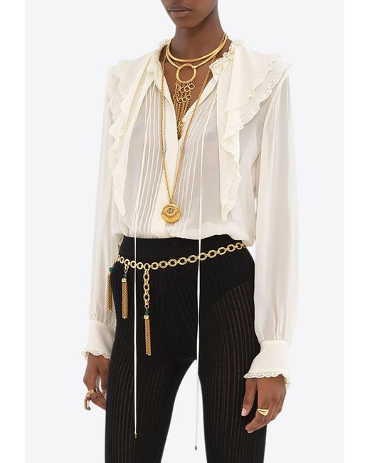 Chloé White Ruffled Yoke Silk Georgette Blouse