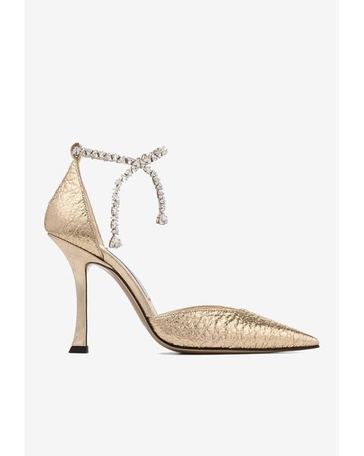 Jimmy Choo White Stevie 100 Crystal-Embellished Metallic Pumps