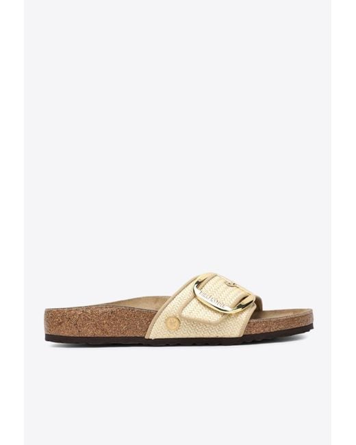 Birkenstock White Madrid Big Buckle Raffia Slides