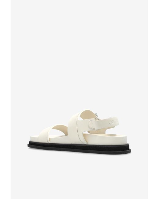 Jimmy Choo White Verity Leather Crystal Flat Sandals