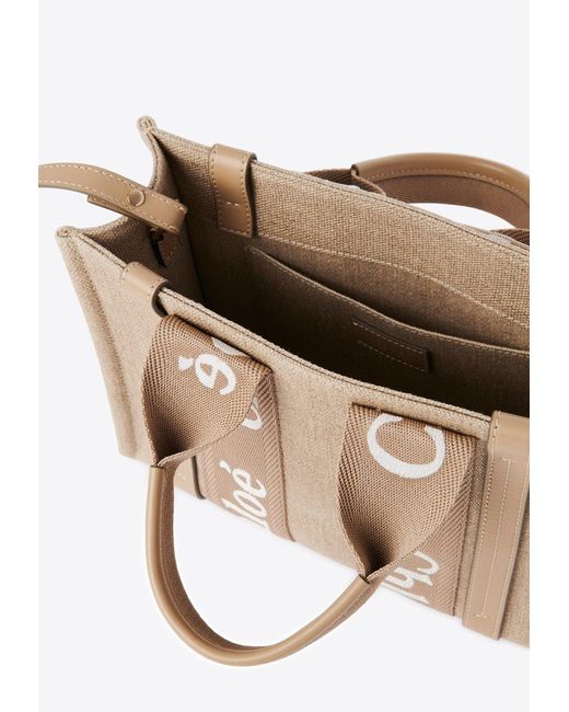 Chloé Natural Small Woody Leather And Linen Tote Bag