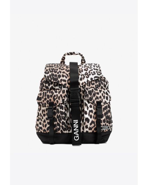 Ganni Black Leopard-print Logo Backpack