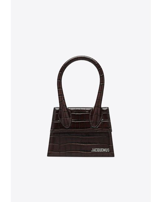 Jacquemus Black Le Chiquito Moyen Croc-Embossed Leather Top Handle Bag