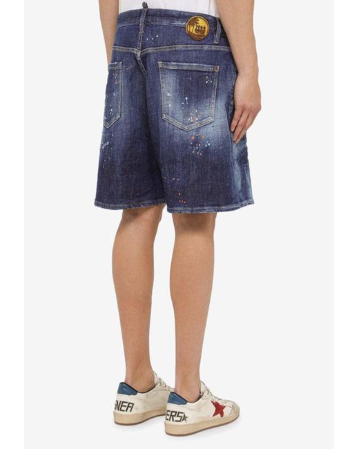 DSquared² Blue Paint-Splatter Washed Denim Shorts for men