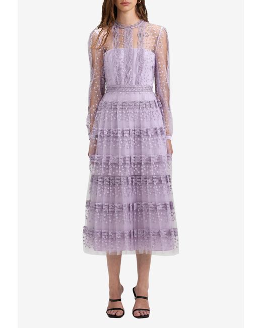 Self-Portrait Purple Tiered Lace Midi Dress